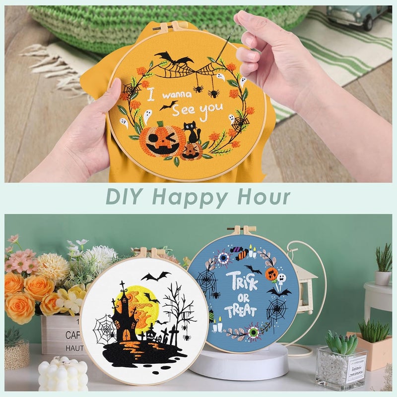 ERKOON 5 Sets Embroidery Kit for Beginners, Halloween Cross Stitch Set DIY Starters Needlepoint with Easy Pattern Embroidery Cloth Hoops Threads for Craft Lover Hand Stitch - Image 3
